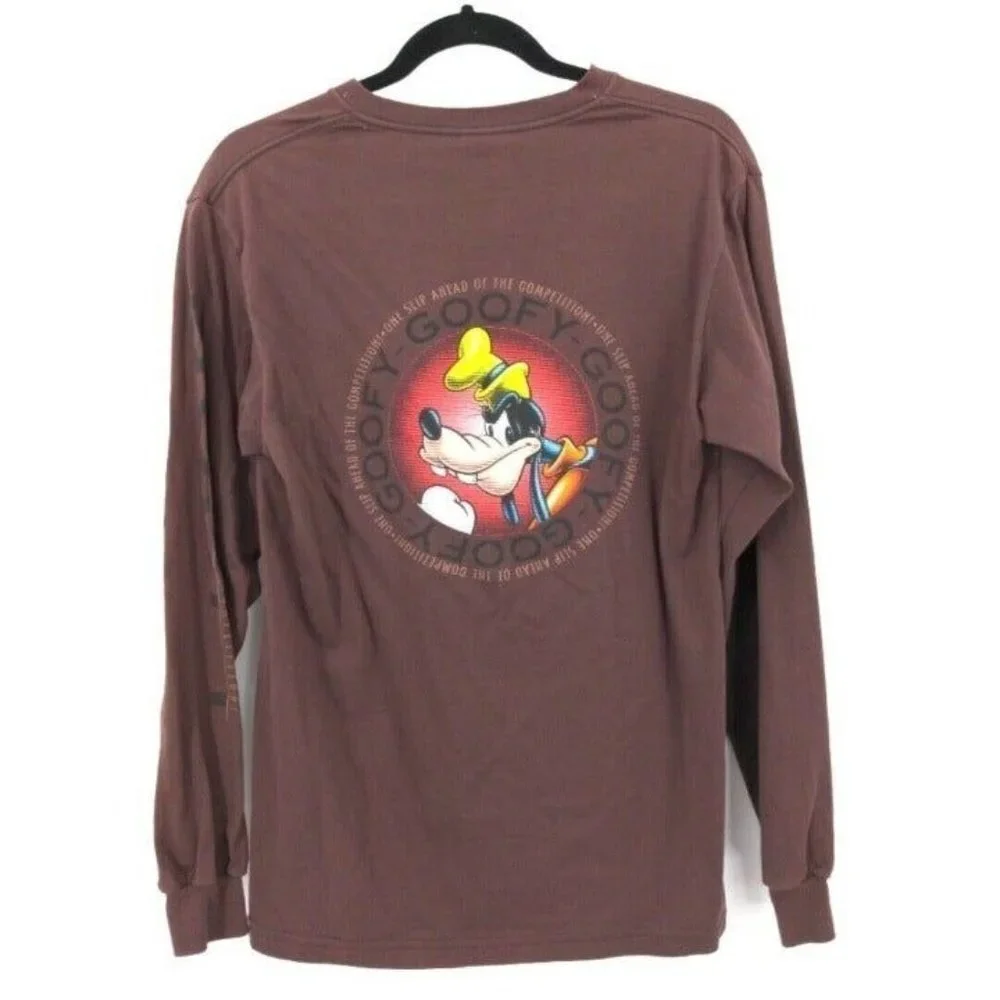 Disney Store Goofy T Shirt Mens Small Brown Long‎ Sleeve One Slip Ahead New